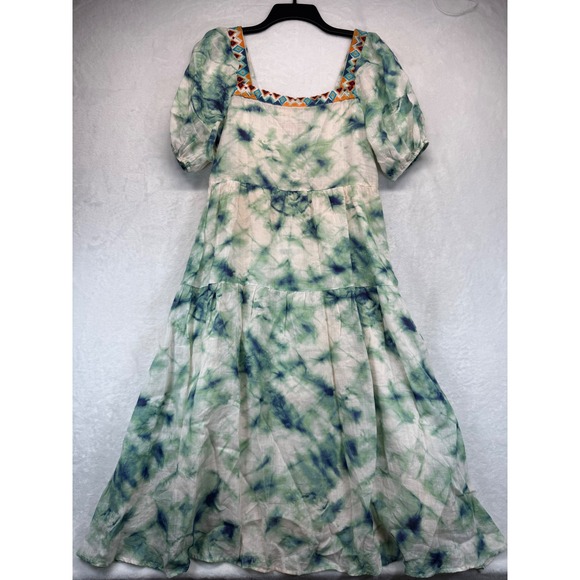 Johnny Was Workshop Maxi Dress Marble puff‎ sleeve Embroidered Neckline XS